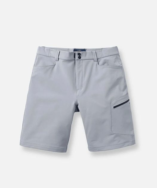 Gray shorts with multiple pockets and belt loops.