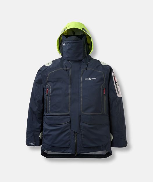 Navy jacket with neon yellow hood, front view.