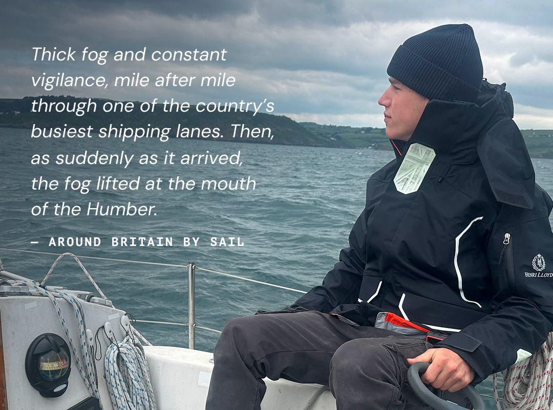 Person sailing, overcast sky, text overlayed.