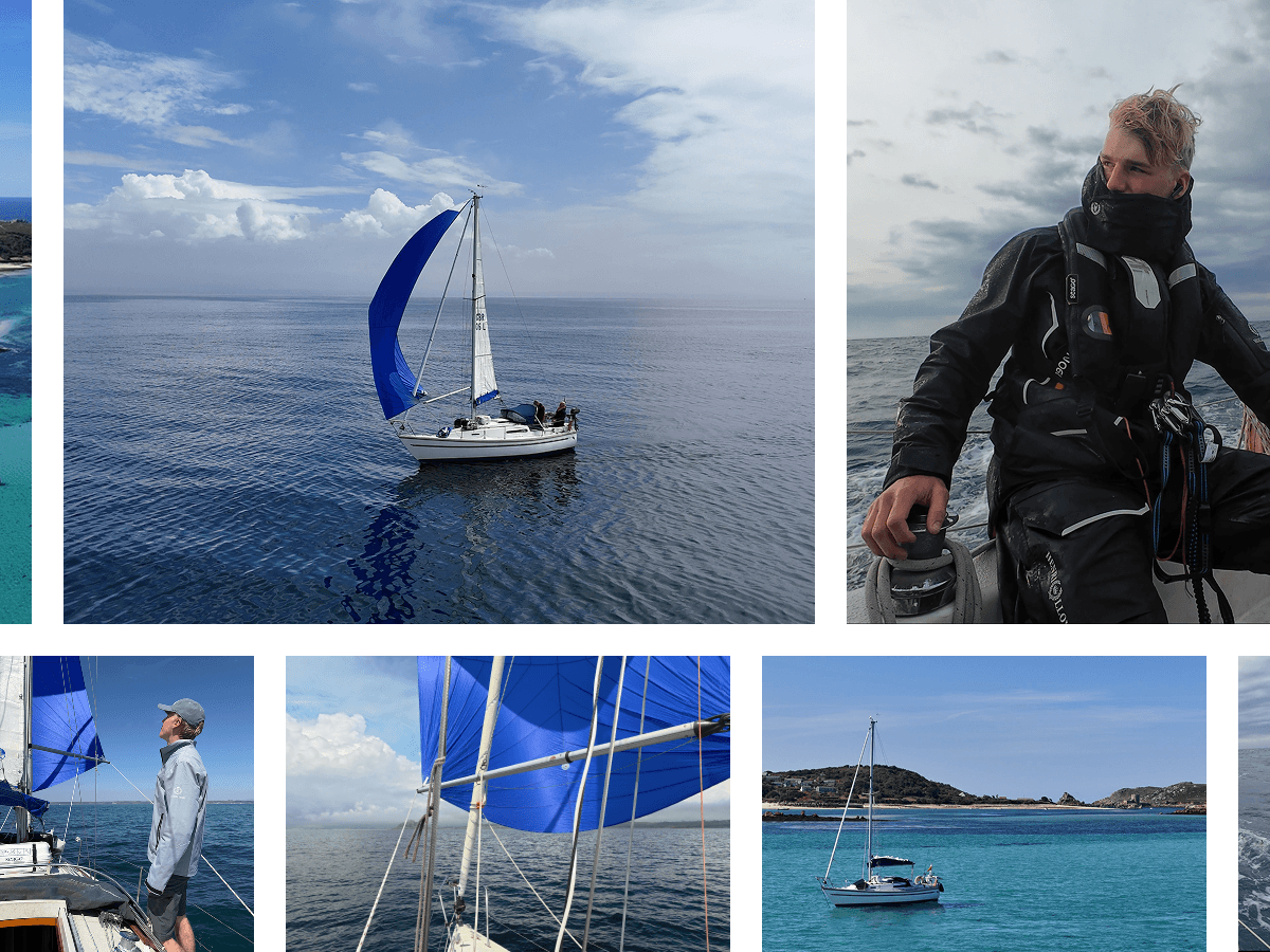 Collage of sailing and ocean scenes.