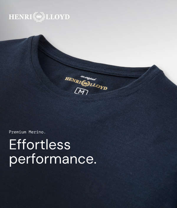 Navy blue Henri Lloyd Merino shirt with text.