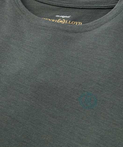 Dark green t-shirt with small logo and text.