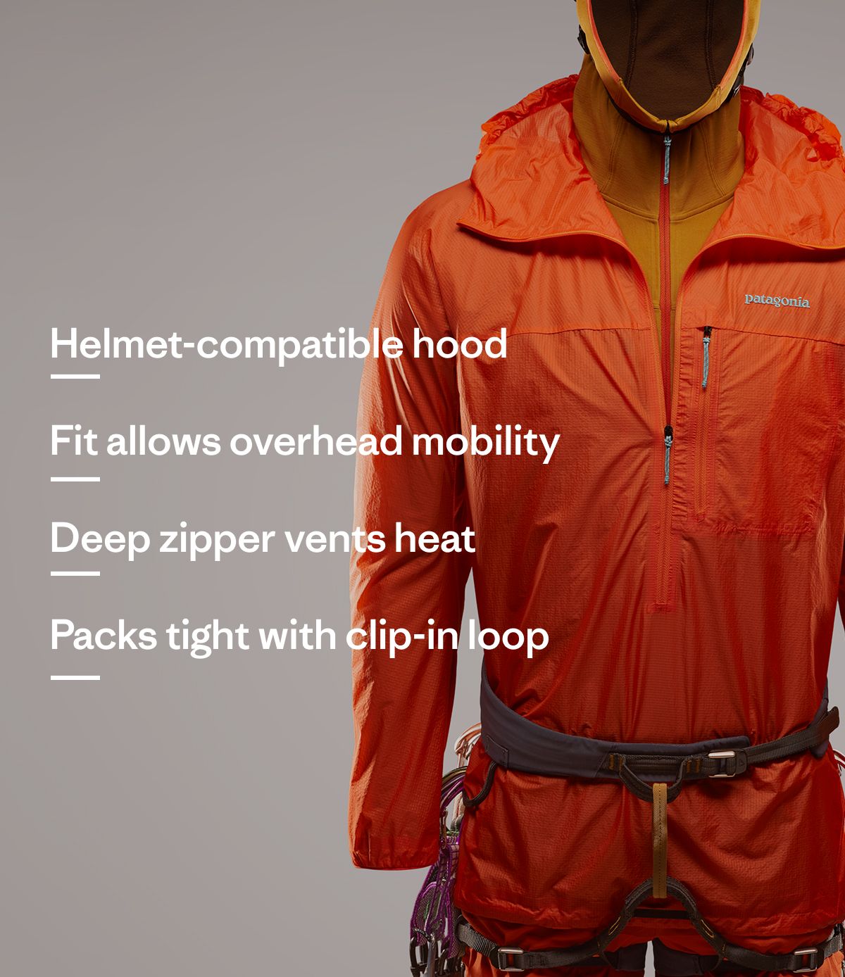 Helmet-compatible hood | Fit allows overhead mobility | Deep zipper vents heat | Packs tight with clip-in loop