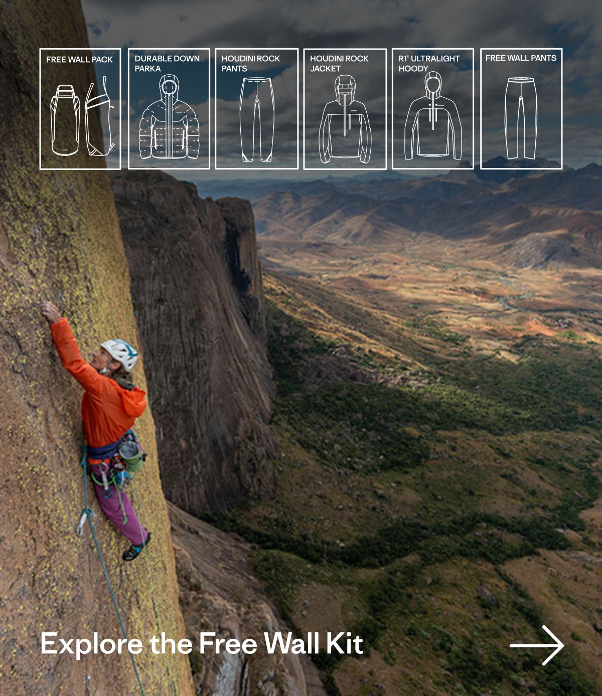 FREE WALL PACK | DURABLE DOWN PARKA | HOUDINI ROCK PANTS | HOUDINI ROCK JACKET | R1® ULTRALIGHT HOODY | FREE WALL PANTS | Explore the Free Wall Kit